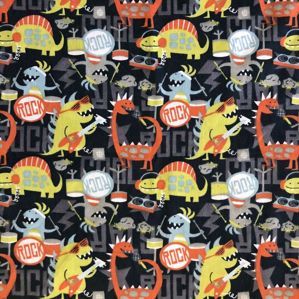 2yd 8” Joann Fabric Snuggle Flannel Gray Lime Rock Band Music Dinosaurs Print